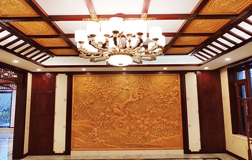 港南中式别墅客厅中式木作横梁吊顶装饰展示